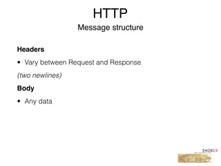 Headers
• Vary between Request and Response
(two newlines)
Body
• Any data
HTTP
Message structure
 