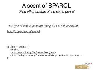 This type of task is possible using a SPARQL endpoint:
http://dbpedia.org/sparql
A scent of SPARQL
“Find other operas of the same genre”
SELECT * WHERE {
?entity
<http://purl.org/dc/terms/subject>
<http://dbpedia.org/resource/Category:Grand_operas> .
}
 