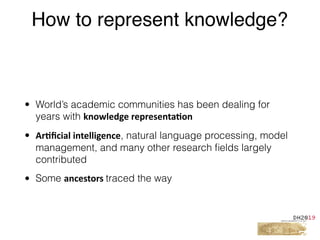 • World’s academic communities has been dealing for
years with knowledge	representa%on	
• Ar%ﬁcial	intelligence, natural language processing, model
management, and many other research ﬁelds largely
contributed
• Some ancestors	traced the way
How to represent knowledge?
 