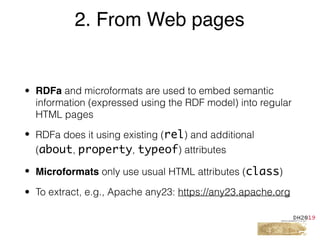 • RDFa and microformats are used to embed semantic
information (expressed using the RDF model) into regular
HTML pages
• RDFa does it using existing (rel) and additional
(about, property, typeof) attributes
• Microformats only use usual HTML attributes (class)
• To extract, e.g., Apache any23: https://any23.apache.org
2. From Web pages
 