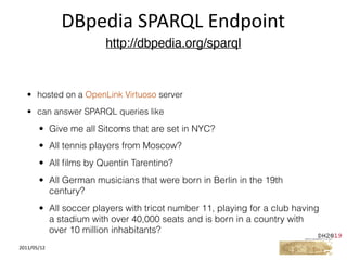 2011/05/12
• hosted on a OpenLink Virtuoso server
• can answer SPARQL queries like
• Give me all Sitcoms that are set in NYC?
• All tennis players from Moscow?
• All ﬁlms by Quentin Tarentino?
• All German musicians that were born in Berlin in the 19th
century?
• All soccer players with tricot number 11, playing for a club having
a stadium with over 40,000 seats and is born in a country with
over 10 million inhabitants?
DBpedia	SPARQL	Endpoint
http://dbpedia.org/sparql
 