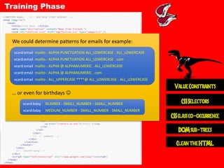 Extraction Phase 
Clean the HTML 
DOM sub-trees 
CSS class co-occurrence 
Value Constraints 
Pattern Detection 
CSS Select...