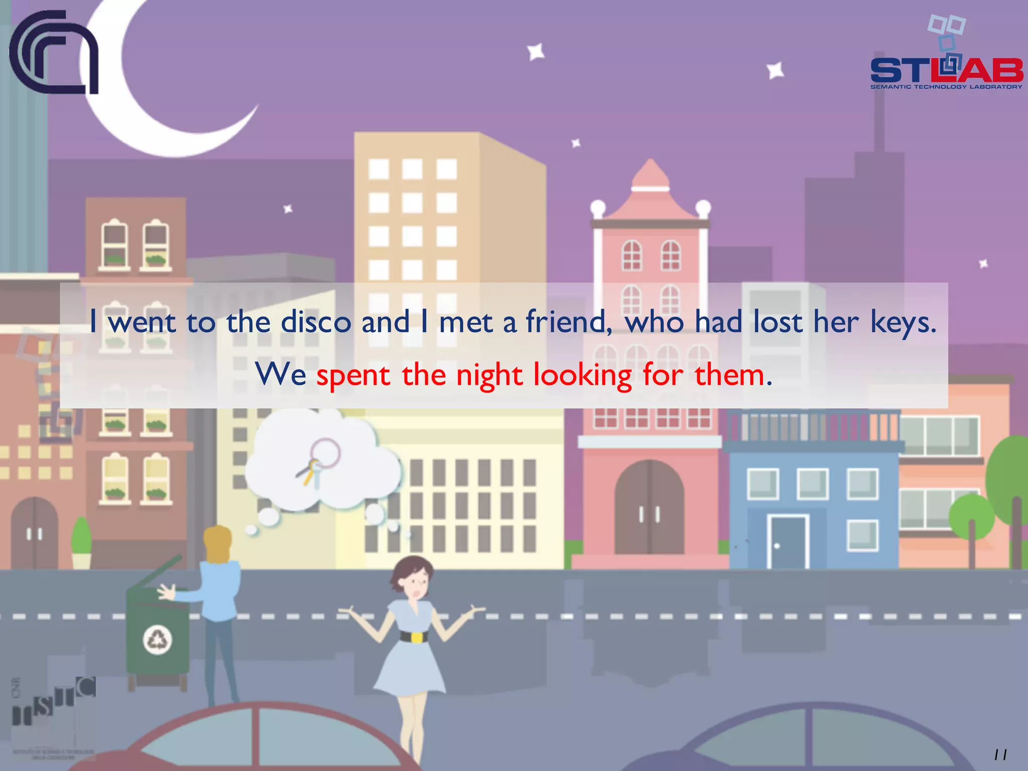 I went to the disco and I met a friend, who had lost her keys. We spent the night looking for them. 11 