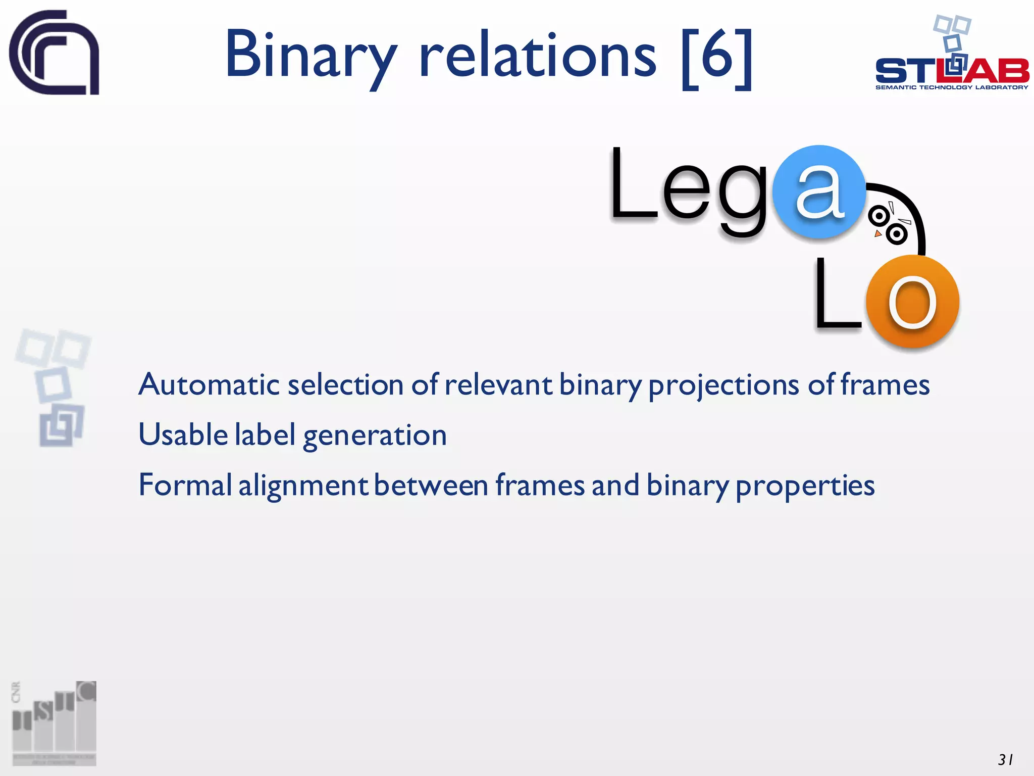 31 Automatic selection of relevant binary projections of frames Usable label generation Formal alignmentbetween frames and binary properties Binary relations [6] 