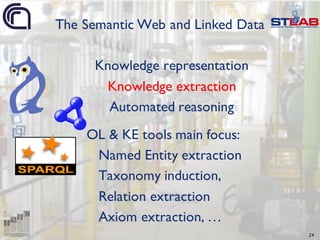 24
OL & KE tools main focus:
Named Entity extraction
Taxonomy induction,
Relation extraction
Axiom extraction, …
The Semantic Web and Linked Data
Knowledge representation
Knowledge extraction
Automated reasoning
 