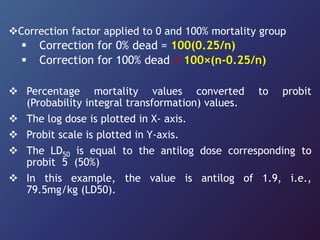 Correction factor applied to 0 and 100% mortality group
 Correction for 0% dead = 100(0.25/n)
 Correction for 100% dead = 100×(n-0.25/n)
 Percentage mortality values converted to probit
(Probability integral transformation) values.
 The log dose is plotted in X- axis.
 Probit scale is plotted in Y-axis.
 The LD50 is equal to the antilog dose corresponding to
probit 5 (50%)
 In this example, the value is antilog of 1.9, i.e.,
79.5mg/kg (LD50).
 