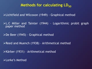 Methods for calculating LD50
Lichtfield and Wilcoxon (1949) - Graphical method
L.C Miller and Tainter (1944) – Logarithmic probit graph
paper method
De Beer (1945) – Graphical method
Reed and Muench (1938) – Arithmetical method
Kärber (1931) – Arithmetical method
Lorke’s Method
 