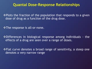 Quantal Dose–Response Relationships
Plots the fraction of the population that responds to a given
dose of drug as a function of the drug dose.
The response is all-or-none.
Differences in biological response among individuals - the
effects of a drug are seen over a range of doses.
Flat curve denotes a broad range of sensitivity, a steep one
denotes a very narrow range
 
