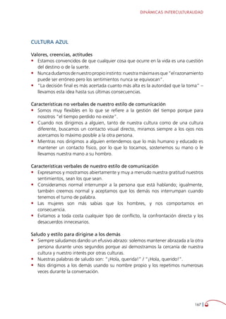 DINÁMICAS INTERCULTURALIDAD
167 
CULTURA AZUL
Valores, creencias, actitudes
•	 Estamos convencidos de que cualquier cosa que ocurre en la vida es una cuestión
del destino o de la suerte.
•	 Nuncadudamosdenuestropropioinstinto:nuestramáximaesque“elrazonamiento
puede ser erróneo pero los sentimientos nunca se equivocan”.
•	 “La decisión final es más acertada cuanto más alta es la autoridad que la toma” –
llevamos esta idea hasta sus últimas consecuencias.
Características no verbales de nuestro estilo de comunicación
•	 Somos muy flexibles en lo que se refiere a la gestión del tiempo porque para
nosotros “el tiempo perdido no existe”.
•	 Cuando nos dirigimos a alguien, tanto de nuestra cultura como de una cultura
diferente, buscamos un contacto visual directo, miramos siempre a los ojos nos
acercamos lo máximo posible a la otra persona.
•	 Mientras nos dirigimos a alguien entendemos que lo más humano y educado es
mantener un contacto físico, por lo que lo tocamos, sostenemos su mano o le
llevamos nuestra mano a su hombro.
Características verbales de nuestro estilo de comunicación
•	 Expresamos y mostramos abiertamente y muy a menudo nuestra gratitud nuestros
sentimientos, sean los que sean.
•	 Consideramos normal interrumpir a la persona que está hablando; igualmente,
también creemos normal y aceptamos que los demás nos interrumpan cuando
tenemos el turno de palabra.
•	 Las mujeres son más sabias que los hombres, y nos comportamos en
consecuencia.
•	 Evitamos a toda costa cualquier tipo de conflicto, la confrontación directa y los
desacuerdos innecesarios.
Saludo y estilo para dirigirse a los demás
•	 Siempre saludamos dando un efusivo abrazo: solemos mantener abrazada a la otra
persona durante unos segundos porque así demostramos la cercanía de nuestra
cultura y nuestro interés por otras culturas.
•	 Nuestras palabras de saludo son: “¡Hola, querida!” / “¡Hola, querido!”.
•	 Nos dirigimos a los demás usando su nombre propio y los repetimos numerosas
veces durante la conversación.
 
