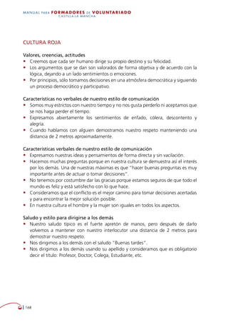   168
MANUAL para Formadores de V OLUNTAR IADO
CASTILLA-LA MANCHA
CULTURA ROJA
Valores, creencias, actitudes
•	 Creemos que cada ser humano dirige su propio destino y su felicidad.
•	 Los argumentos que se dan son valorados de forma objetiva y de acuerdo con la
lógica, dejando a un lado sentimientos o emociones.
•	 Por principios, sólo tomamos decisiones en una atmósfera democrática y siguiendo
un proceso democrático y participativo.
Características no verbales de nuestro estilo de comunicación
•	 Somos muy estrictos con nuestro tiempo y no nos gusta perderlo ni aceptamos que
se nos haga perder el tiempo.
•	 Expresamos abiertamente los sentimientos de enfado, cólera, descontento y
alegría.
•	 Cuando hablamos con alguien demostramos nuestro respeto manteniendo una
distancia de 2 metros aproximadamente.
Características verbales de nuestro estilo de comunicación
•	 Expresamos nuestras ideas y pensamientos de forma directa y sin vacilación.
•	 Hacemos muchas preguntas porque en nuestra cultura se demuestra así el interés
por los demás. Una de nuestras máximas es que “hacer buenas preguntas es muy
importante antes de actuar o tomar decisiones”.
•	 No tenemos por costumbre dar las gracias porque estamos seguros de que todo el
mundo es feliz y está satisfecho con lo que hace.
•	 Consideramos que el conflicto es el mejor camino para tomar decisiones acertadas
y para encontrar la mejor solución posible.
•	 En nuestra cultura el hombre y la mujer son iguales en todos los aspectos.
Saludo y estilo para dirigirse a los demás
•	 Nuestro saludo típico es el fuerte apretón de manos, pero después de darlo
volvemos a mantener con nuestro interlocutor una distancia de 2 metros para
demostrar nuestro respeto.
•	 Nos dirigimos a los demás con el saludo “Buenas tardes”.
•	 Nos dirigimos a los demás usando su apellido y consideramos que es obligatorio
decir el título: Profesor, Doctor, Colega, Estudiante, etc.
 