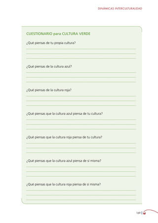 DINÁMICAS INTERCULTURALIDAD
169 
CUESTIONARIO para CULTURA VERDE
¿Qué piensas de tu propia cultura?
	
	
	
¿Qué piensas de la cultura azul?
	
	
	
¿Qué piensas de la cultura roja?
	
	
	
¿Qué piensas que la cultura azul piensa de tu cultura?
	
	
	
¿Qué piensas que la cultura roja piensa de tu cultura?
	
	
	
¿Qué piensas que la cultura azul piensa de sí misma?
	
	
	
¿Qué piensas que la cultura roja piensa de sí misma?
	
	
	
 