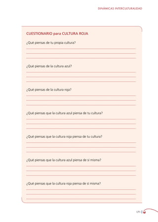 DINÁMICAS INTERCULTURALIDAD
171 
CUESTIONARIO para CULTURA ROJA
¿Qué piensas de tu propia cultura?
	
	
	
¿Qué piensas de la cultura azul?
	
	
	
¿Qué piensas de la cultura roja?
	
	
	
¿Qué piensas que la cultura azul piensa de tu cultura?
	
	
	
¿Qué piensas que la cultura roja piensa de tu cultura?
	
	
	
¿Qué piensas que la cultura azul piensa de sí misma?
	
	
	
¿Qué piensas que la cultura roja piensa de sí misma?
	
	
	
 
