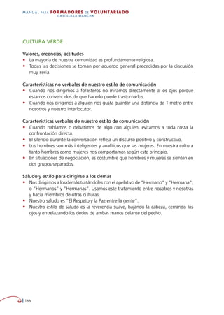   166
MANUAL para Formadores de V OLUNTAR IADO
CASTILLA-LA MANCHA
CULTURA VERDE
Valores, creencias, actitudes
•	 La mayoría de nuestra comunidad es profundamente religiosa.
•	 Todas las decisiones se toman por acuerdo general precedidas por la discusión
muy seria.
Características no verbales de nuestro estilo de comunicación
•	 Cuando nos dirigimos a forasteros no miramos directamente a los ojos porque
estamos convencidos de que hacerlo puede trastornarlos.
•	 Cuando nos dirigimos a alguien nos gusta guardar una distancia de 1 metro entre
nosotros y nuestro interlocutor.
Características verbales de nuestro estilo de comunicación
•	 Cuando hablamos o debatimos de algo con alguien, evitamos a toda costa la
confrontación directa.
•	 El silencio durante la conversación refleja un discurso positivo y constructivo.
•	 Los hombres son más inteligentes y analíticos que las mujeres. En nuestra cultura
tanto hombres como mujeres nos comportamos según este principio.
•	 En situaciones de negociación, es costumbre que hombres y mujeres se sienten en
dos grupos separados.
Saludo y estilo para dirigirse a los demás
•	 Nos dirigimos a los demás tratándoles con el apelativo de “Hermano” y “Hermana”,
o “Hermanos” y “Hermanas”. Usamos este tratamiento entre nosotros y nosotras
y hacia miembros de otras culturas.
•	 Nuestro saludo es “El Respeto y la Paz entre la gente”.
•	 Nuestro estilo de saludo es la reverencia suave, bajando la cabeza, cerrando los
ojos y entrelazando los dedos de ambas manos delante del pecho.
 