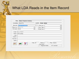 What LDA Reads in the Item Record

 