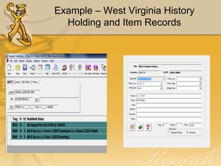 Example – West Virginia History
Holding and Item Records

 