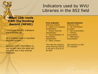 Indicators used by WVU
Libraries in the 852 field
What LDA reads
from the Holding
Record (MFHD)
LDA Reads the 852 indicators
and subfields ($)
So it matters what is inputted
into this screen.
Because if this information is
not correct here the label will
not print out in the manner
intended.

First Indicator
Shelving scheme
0 - Library of Congress
classification
1 - Dewey Decimal
classification
3 - Superintendent of
Documents
classification
8 - Other scheme

Second Indicator
Shelving order
# - No information
provided
0 - Not enumeration
1 - Primary
enumeration
2 - Alternative
enumeration

This tells the program
what shelving scheme
it will see in the $h of
the 852

See handout on 852
2nd Indicator

 