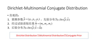 Dirichlet-Multinomial Conjugate Distribution
• 直观的：
1. 猜测参数 ，先验分布为：
2. 经过试验获取结果
3. 后验分布为：
1 2 3( , , )p p p p
r
( | )Dir p k
rr
1 2 3( , , )m m m m
r
( | )Dir p k m
rr r
Dirichlet Distribution为Multinomial Distribution的Conjugate Prior
 