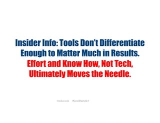 Insider Info: Tools Don’t Differentiate
Enough to Matter Much in Results.
Effort and Know How, Not Tech,
Ultimately Moves the Needle.
@mikecorak #LocalDigital2.0
 