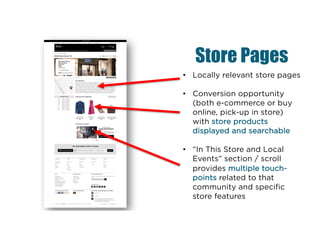 Store Pages
• Locally relevant store pages
• Conversion opportunity
(both e-commerce or buy
online, pick-up in store)
with store products
displayed and searchable
• “In This Store and Local
Events” section / scroll
provides multiple touch-
points related to that
community and specific
store features
 