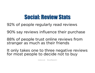 Social: Review Stats
92% of people regularly read reviews
90% say reviews influence their purchase
88% of people trust online reviews from
stranger as much as their friends
It only takes one to three negative reviews
for most people to decide not to buy
@mikecorak #LocalDigital2.0
 