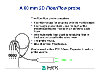 A 60 mm 2D FiberFlow probe
The FiberFlow probe comprises
• Four fiber plugs for coupling with the manipulators.
• Four single mode fibers - one for each of the
transmitted beams - cased in an enforced cable
hose.
• One multimode fiber used as receiving fiber in
backscatter cased in the same hose.
• The probe house.
• One of several front lenses.
Can be used with a 55X12 Beam Expander to reduce
probe volume.
 