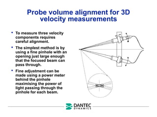Probe volume alignment for 3D
velocity measurements
• To measure three velocity
components requires
careful alignment.
• The simplest method is by
using a fine pinhole with an
opening just large enough
that the focused beam can
pass through.
• Fine adjustment can be
made using a power meter
behind the pinhole
maximising the power of
light passing through the
pinhole for each beam.
 