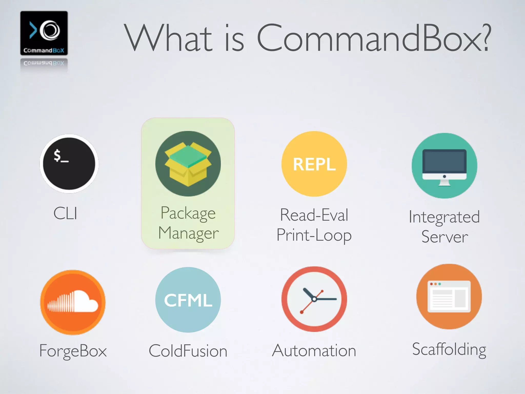 What is CommandBox?
CLI Package 
Manager
REPL
Read-Eval 
Print-Loop
Integrated 
Server
ScaffoldingForgeBox
CFML
ColdFusion Automation
 