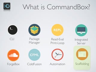 What is CommandBox?
CLI Package 
Manager
REPL
Read-Eval 
Print-Loop
Integrated 
Server
ScaffoldingForgeBox
CFML
ColdFusion Automation
 