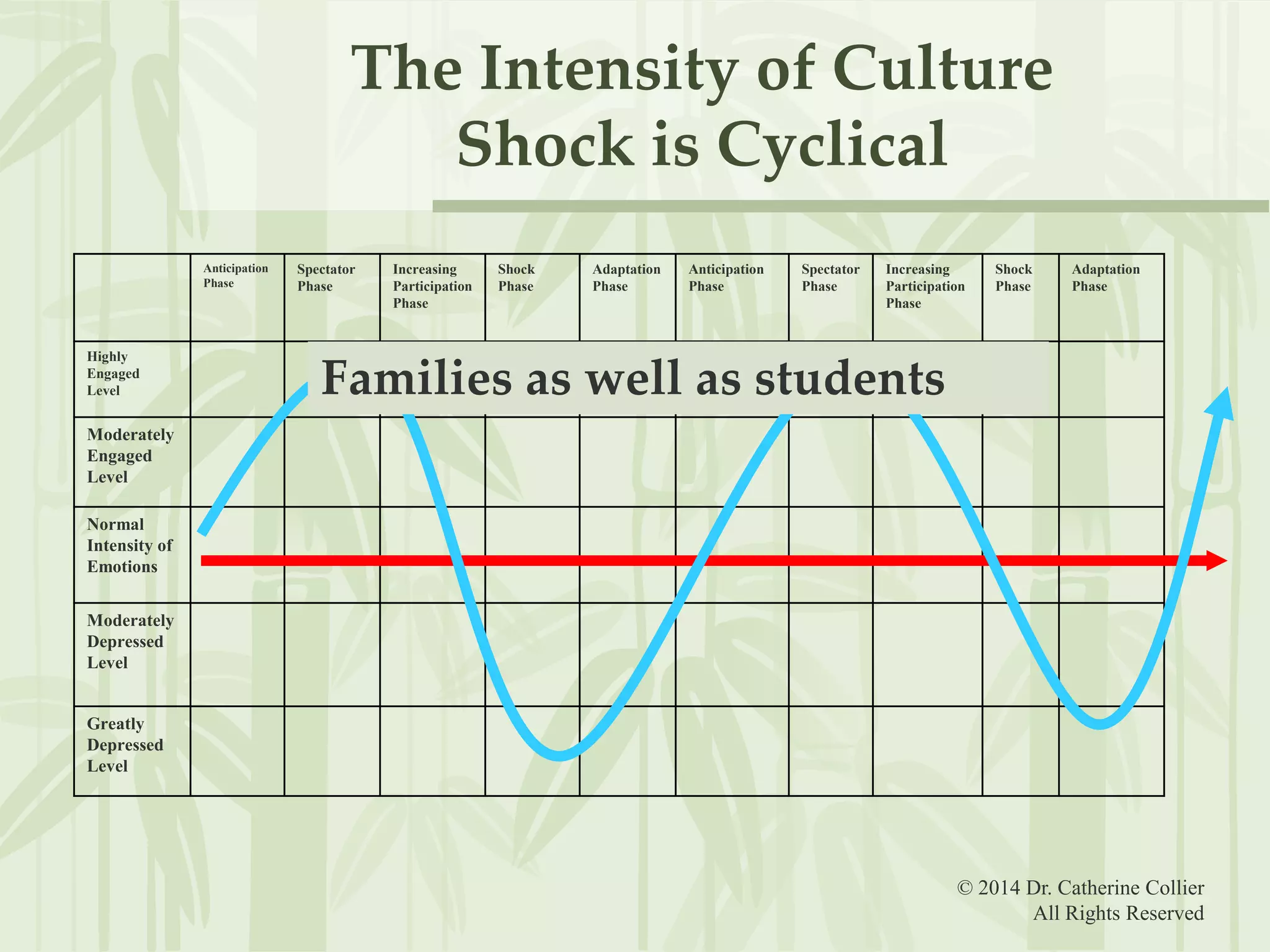 The Intensity of Culture
Shock is Cyclical
Anticipation
Phase

Highly
Engaged
Level

Spectator
Phase

Increasing
Participation
Phase

Shock
Phase

Adaptation
Phase

Anticipation
Phase

Spectator
Phase

Increasing
Participation
Phase

Shock
Phase

Adaptation
Phase

Families as well as students

Moderately
Engaged
Level
Normal
Intensity of
Emotions
Moderately
Depressed
Level

Greatly
Depressed
Level

© 2014 Dr. Catherine Collier
All Rights Reserved

 