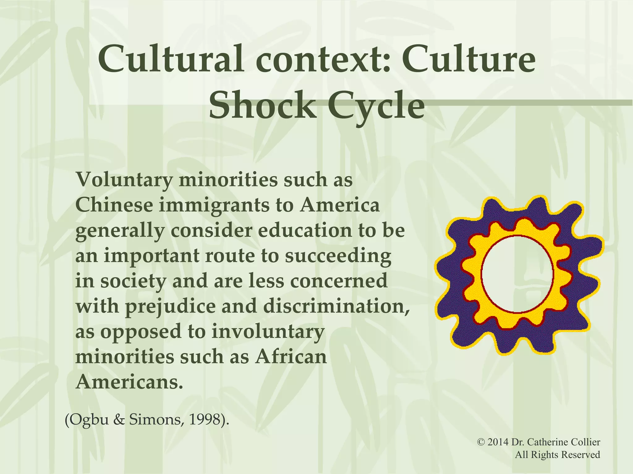 Cultural context: Culture
Shock Cycle
Voluntary minorities such as
Chinese immigrants to America
generally consider education to be
an important route to succeeding
in society and are less concerned
with prejudice and discrimination,
as opposed to involuntary
minorities such as African
Americans.
(Ogbu & Simons, 1998).
© 2014 Dr. Catherine Collier
All Rights Reserved

 