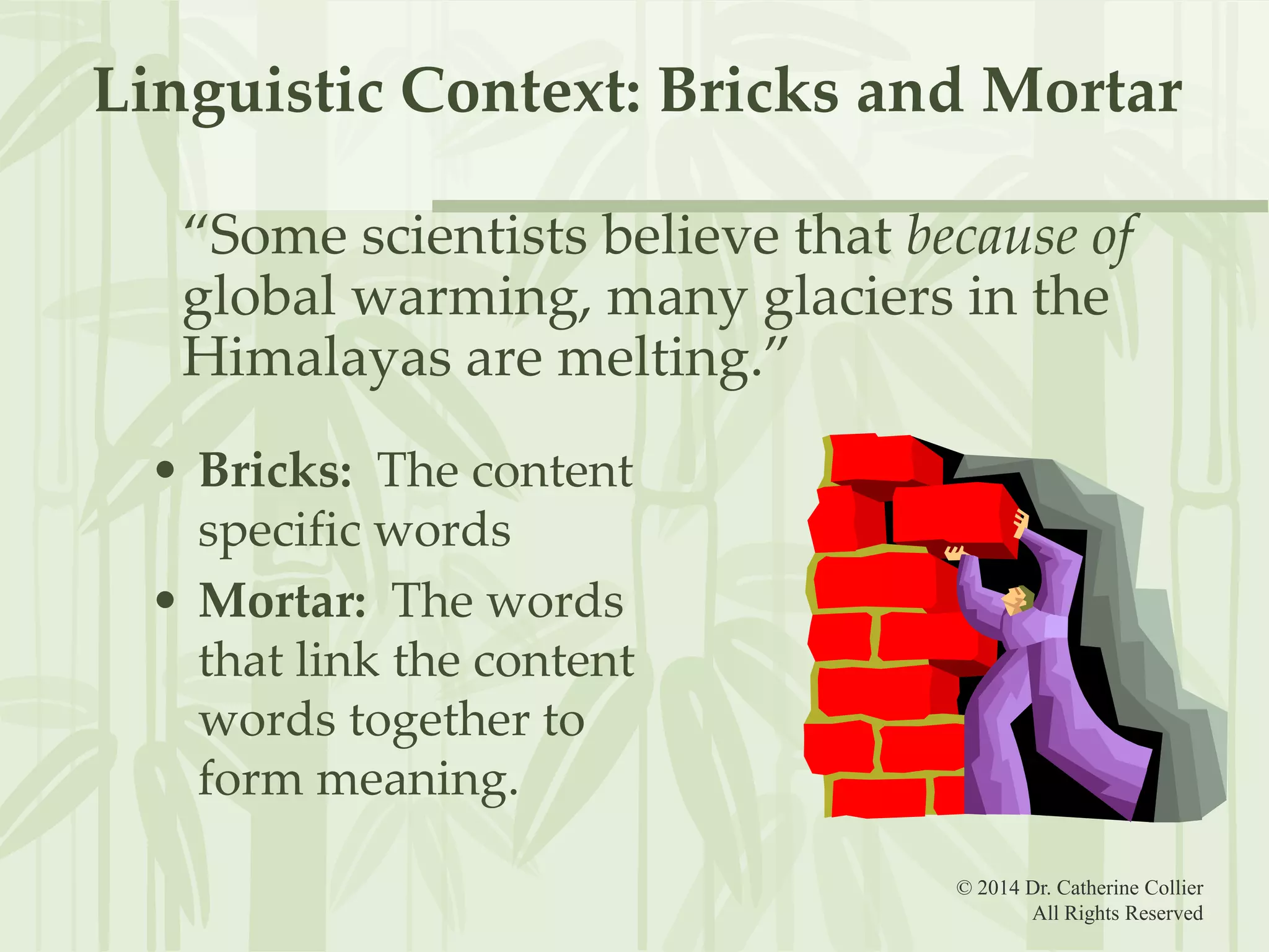Linguistic Context: Bricks and Mortar
“Some scientists believe that because of
global warming, many glaciers in the
Himalayas are melting.”
• Bricks: The content
specific words
• Mortar: The words
that link the content
words together to
form meaning.
© 2014 Dr. Catherine Collier
All Rights Reserved

 
