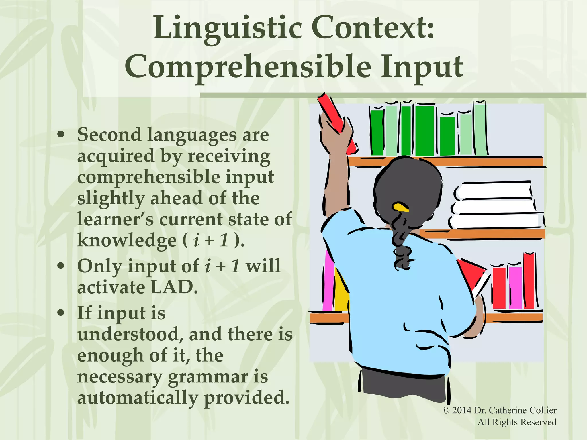 Linguistic Context:
Comprehensible Input
• Second languages are
acquired by receiving
comprehensible input
slightly ahead of the
learner’s current state of
knowledge ( i + 1 ).
• Only input of i + 1 will
activate LAD.
• If input is
understood, and there is
enough of it, the
necessary grammar is
automatically provided.

© 2014 Dr. Catherine Collier
All Rights Reserved

 