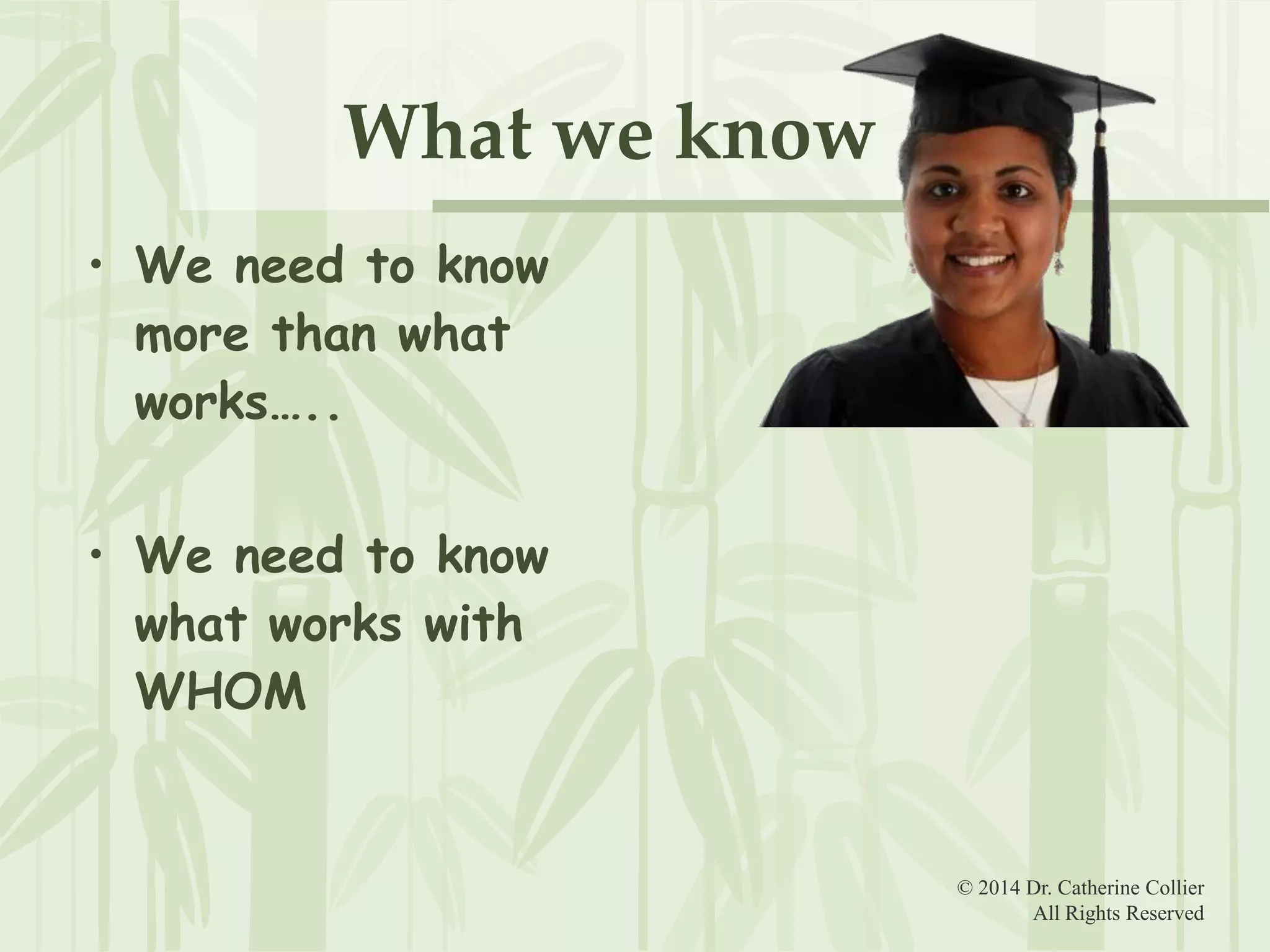 What we know
• We need to know
more than what
works…..
• We need to know
what works with
WHOM

© 2014 Dr. Catherine Collier
All Rights Reserved

 