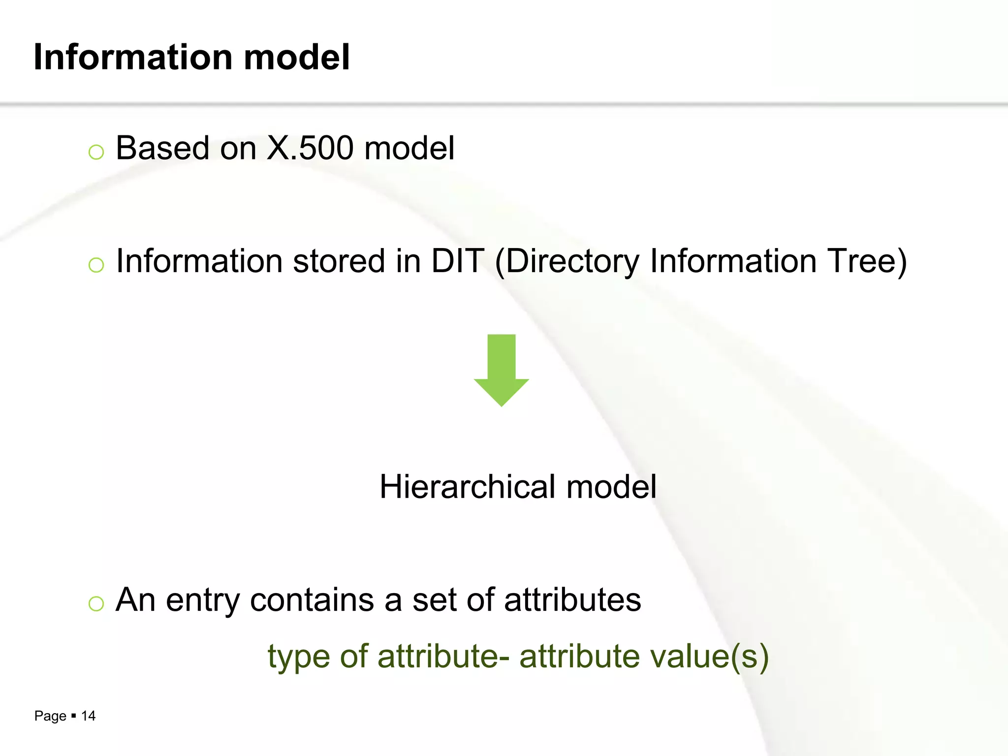 Information model

       o Based on X.500 model


       o Information stored in DIT (Directory Information Tree)




                           Hierarchical model


       o An entry contains a set of attributes
                   type of attribute- attribute value(s)
Page  14
 