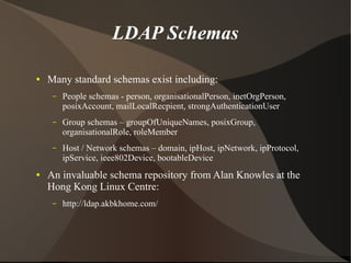 LDAP Schemas

●   Many standard schemas exist including:
     –   People schemas - person, organisationalPerson, inetOrgPerson,
         posixAccount, mailLocalRecpient, strongAuthenticationUser
     –   Group schemas – groupOfUniqueNames, posixGroup,
         organisationalRole, roleMember
     –   Host / Network schemas – domain, ipHost, ipNetwork, ipProtocol,
         ipService, ieee802Device, bootableDevice
●   An invaluable schema repository from Alan Knowles at the
    Hong Kong Linux Centre:
     –   http://ldap.akbkhome.com/
 