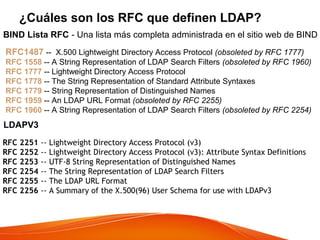 ¿Cuáles son los RFC que definen LDAP?
BIND Lista RFC - Una lista más completa administrada en el sitio web de BIND
RFC1487 -- X.500 Lightweight Directory Access Protocol (obsoleted by RFC 1777)
RFC 1558 -- A String Representation of LDAP Search Filters (obsoleted by RFC 1960)
RFC 1777 -- Lightweight Directory Access Protocol
RFC 1778 -- The String Representation of Standard Attribute Syntaxes
RFC 1779 -- String Representation of Distinguished Names
RFC 1959 -- An LDAP URL Format (obsoleted by RFC 2255)
RFC 1960 -- A String Representation of LDAP Search Filters (obsoleted by RFC 2254)
LDAPV3
RFC 2251 -- Lightweight Directory Access Protocol (v3) 
RFC 2252 -- Lightweight Directory Access Protocol (v3): Attribute Syntax Definitions 
RFC 2253 -- UTF-8 String Representation of Distinguished Names
RFC 2254 -- The String Representation of LDAP Search Filters 
RFC 2255 -- The LDAP URL Format 
RFC 2256 -- A Summary of the X.500(96) User Schema for use with LDAPv3
 