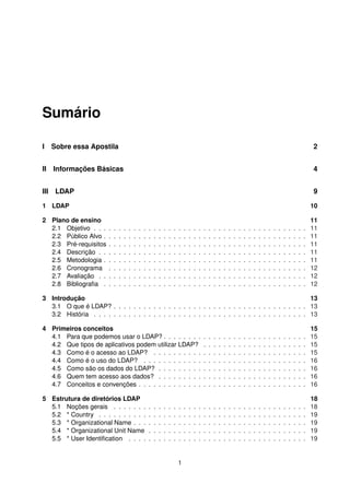 Sumário
I Sobre essa Apostila 2
II Informações Básicas 4
III LDAP 9
1 LDAP 10
2 Plano de ensino 11
2.1 Objetivo . . . . . . . . . . . . . . . . . . . . . . . . . . . . . . . . . . . . . . . . . . . 11
2.2 Público Alvo . . . . . . . . . . . . . . . . . . . . . . . . . . . . . . . . . . . . . . . . . 11
2.3 Pré-requisitos . . . . . . . . . . . . . . . . . . . . . . . . . . . . . . . . . . . . . . . . 11
2.4 Descrição . . . . . . . . . . . . . . . . . . . . . . . . . . . . . . . . . . . . . . . . . . 11
2.5 Metodologia . . . . . . . . . . . . . . . . . . . . . . . . . . . . . . . . . . . . . . . . . 11
2.6 Cronograma . . . . . . . . . . . . . . . . . . . . . . . . . . . . . . . . . . . . . . . . 12
2.7 Avaliação . . . . . . . . . . . . . . . . . . . . . . . . . . . . . . . . . . . . . . . . . . 12
2.8 Bibliograﬁa . . . . . . . . . . . . . . . . . . . . . . . . . . . . . . . . . . . . . . . . . 12
3 Introdução 13
3.1 O que é LDAP? . . . . . . . . . . . . . . . . . . . . . . . . . . . . . . . . . . . . . . . 13
3.2 História . . . . . . . . . . . . . . . . . . . . . . . . . . . . . . . . . . . . . . . . . . . 13
4 Primeiros conceitos 15
4.1 Para que podemos usar o LDAP? . . . . . . . . . . . . . . . . . . . . . . . . . . . . . 15
4.2 Que tipos de aplicativos podem utilizar LDAP? . . . . . . . . . . . . . . . . . . . . . 15
4.3 Como é o acesso ao LDAP? . . . . . . . . . . . . . . . . . . . . . . . . . . . . . . . 15
4.4 Como é o uso do LDAP? . . . . . . . . . . . . . . . . . . . . . . . . . . . . . . . . . 16
4.5 Como são os dados do LDAP? . . . . . . . . . . . . . . . . . . . . . . . . . . . . . . 16
4.6 Quem tem acesso aos dados? . . . . . . . . . . . . . . . . . . . . . . . . . . . . . . 16
4.7 Conceitos e convenções . . . . . . . . . . . . . . . . . . . . . . . . . . . . . . . . . . 16
5 Estrutura de diretórios LDAP 18
5.1 Noções gerais . . . . . . . . . . . . . . . . . . . . . . . . . . . . . . . . . . . . . . . 18
5.2 * Country . . . . . . . . . . . . . . . . . . . . . . . . . . . . . . . . . . . . . . . . . . 19
5.3 * Organizational Name . . . . . . . . . . . . . . . . . . . . . . . . . . . . . . . . . . . 19
5.4 * Organizational Unit Name . . . . . . . . . . . . . . . . . . . . . . . . . . . . . . . . 19
5.5 * User Identiﬁcation . . . . . . . . . . . . . . . . . . . . . . . . . . . . . . . . . . . . 19
1
 