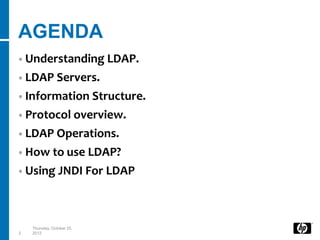 AGENDA
• Understanding LDAP.
• LDAP Servers.
• Information Structure.
• Protocol overview.
• LDAP Operations.
• How to use LDAP?
• Using JNDI For LDAP




    Thursday, October 25,
2   2012
 