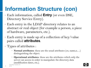 Information Structure (con)
•   Each information, called Entry (or even DSE,
    Directory Service Entry).
•   Each entry in the LDAP directory relates to an
    abstract or real object (for example a person, a piece
    of hardware, parameters, etc.).
•   Each entry is made up of a collection of key/value
    pairs called attributes.
•   Types of attributes :
         • Normal attributes: these are the usual attributes (cn, name,o, ...)
           distinguishing the object.
         • Operational attributes: these are the attributes which only the
           server can access in order to manipulate the directory data
           (modification dates, etc,).
     Thursday, October 25,
6    2012
 