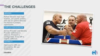 THE CHALLENGES
LIBRARIES
Python libraries have bad
licenses, are poorly written,
and rely on system libraries
not found in primary
repositories.
COMPLEX CONFIGURATION
Service Provider and Identity
Provider deﬁnition is
obscure. Protocol is
conﬁgurable. Every IdP is
slightly different.
TESTABILITY
Opensource IdPs are
incomplete. We use
Shibboleth.
 