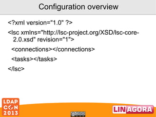 Configuration overview
<?xml version="1.0" ?>
<lsc xmlns="http://lsc-project.org/XSD/lsc-core2.0.xsd" revision="1">
<connections></connections>
<tasks></tasks>
</lsc>

 