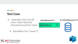 Test Case
● <input type="text" size=20
name="name">Enter the
Username to search for</input>
● Searchﬁlter="(cn="+name+")"
admin)(|(password=*) (cn=admin)(|(password=*) )
 