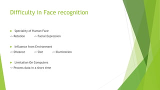 Difficulty in Face recognition
Speciality of Human Face
-> Rotation -> Facial Expression
Influence from Environment
-> Distance -> Size -> Illumination
Limitation On Computers
-> Process data in a short time