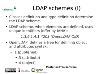 LDAP schemes (I) Classes definition and type definition determine the LDAP scheme. LDAP scheme, when elements are defined, uses unique identifiers (offer by IANA): 1.3.6.1.4.1.4203 (OpenLDAP OID) OpenLDAP  defines a tree for defining object and attributes syntax: .1 (published) .3 (attribute) .4 (object) 