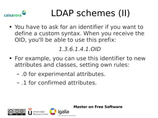 LDAP schemes (II) You have to ask for an identifier if you want to define a custom syntax. When you receive the OID, you'll be able to use this prefix: 1.3.6.1.4.1.OID For example, you can use this identifier to new attributes and classes, setting own rules: .0 for experimental attributes. .1 for confirmed attributes. 