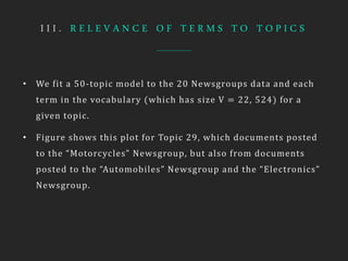 I I I . R E L E V A N C E O F T E R M S T O T O P I C S
• We fit a 50-topic model to the 20 Newsgroups data and each
term in the vocabulary (which has size V = 22, 524) for a
given topic.
• Figure shows this plot for Topic 29, which documents posted
to the “Motorcycles” Newsgroup, but also from documents
posted to the “Automobiles” Newsgroup and the “Electronics”
Newsgroup.
 