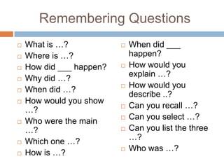 Remembering Questions
 What is …?
 Where is …?
 How did ___ happen?
 Why did …?
 When did …?
 How would you show
…?
 Who were the main
…?
 Which one …?
 How is …?
 When did ___
happen?
 How would you
explain …?
 How would you
describe ..?
 Can you recall …?
 Can you select …?
 Can you list the three
…?
 Who was …?
 