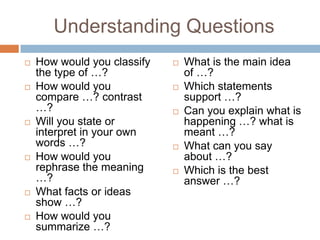 Understanding Questions
 How would you classify
the type of …?
 How would you
compare …? contrast
…?
 Will you state or
interpret in your own
words …?
 How would you
rephrase the meaning
…?
 What facts or ideas
show …?
 How would you
summarize …?
 What is the main idea
of …?
 Which statements
support …?
 Can you explain what is
happening …? what is
meant …?
 What can you say
about …?
 Which is the best
answer …?
 