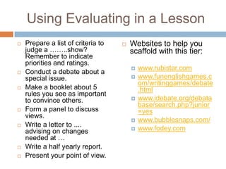 Using Evaluating in a Lesson
 Prepare a list of criteria to
judge a ……..show?
Remember to indicate
priorities and ratings.
 Conduct a debate about a
special issue.
 Make a booklet about 5
rules you see as important
to convince others.
 Form a panel to discuss
views.
 Write a letter to ....
advising on changes
needed at …
 Write a half yearly report.
 Present your point of view.
 Websites to help you
scaffold with this tier:
 www.rubistar.com
 www.funenglishgames.c
om/writinggames/debate
.html
 www.idebate.org/debata
base/search.php?junior
=yes
 www.bubblesnaps.com/
 www.fodey.com
 