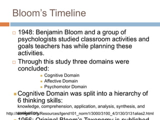 Bloom’s Timeline
 1948: Benjamin Bloom and a group of
psychologists studied classroom activities and
goals teachers has while planning these
activities.
 Through this study three domains were
concluded:
 Cognitive Domain
 Affective Domain
 Psychomotor Domain
 Cognitive Domain was split into a hierarchy of
6 thinking skills:
knowledge, comprehension, application, analysis, synthesis, and
evaluation.
http://learngen.org/Resources/lgend101_norm1/3000/3100_4/3130/3131alias2.html
 